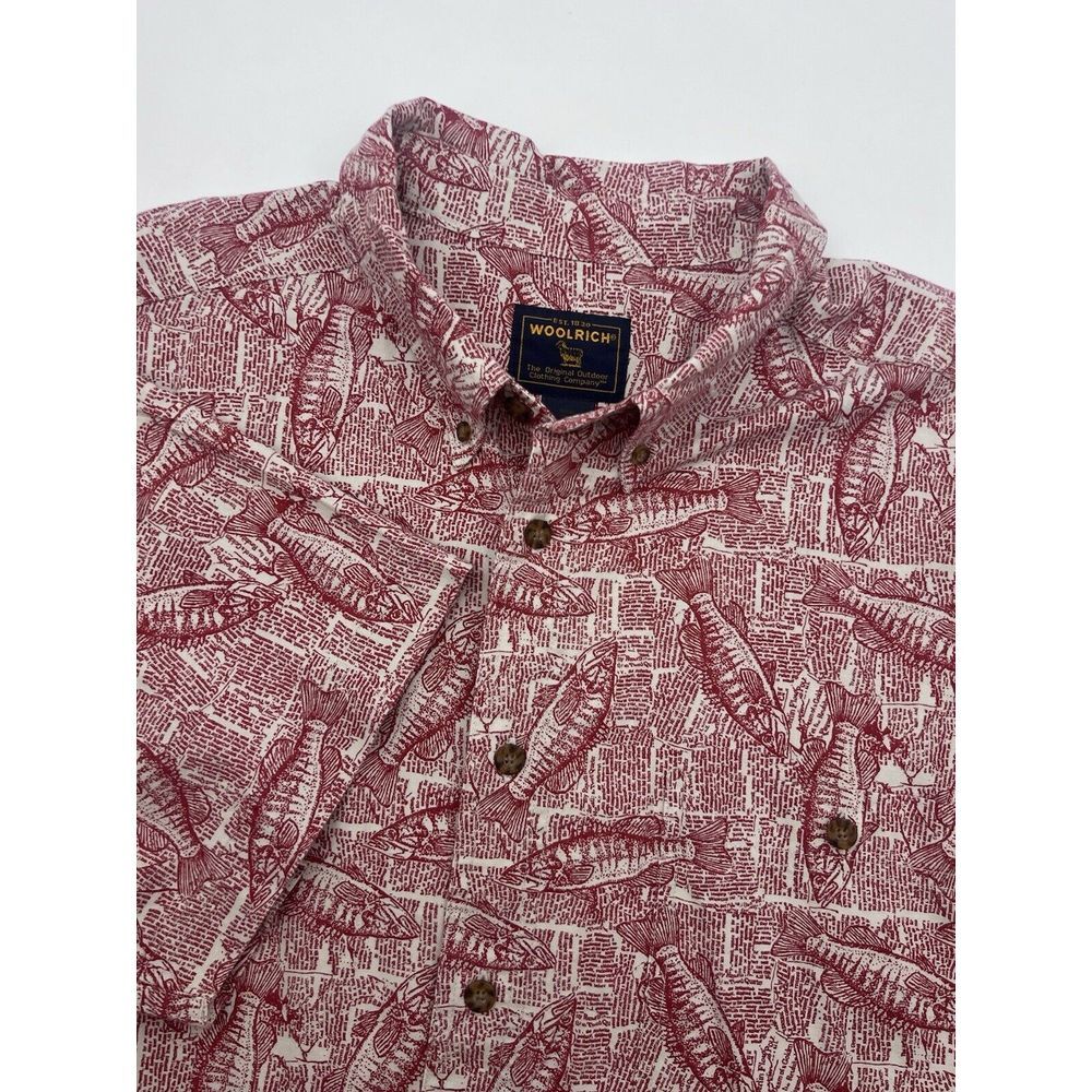 Woolrich Hawaiian Shirt Men‎ 2XL Newspaper Print Short Sleeve Button Tabasco Red